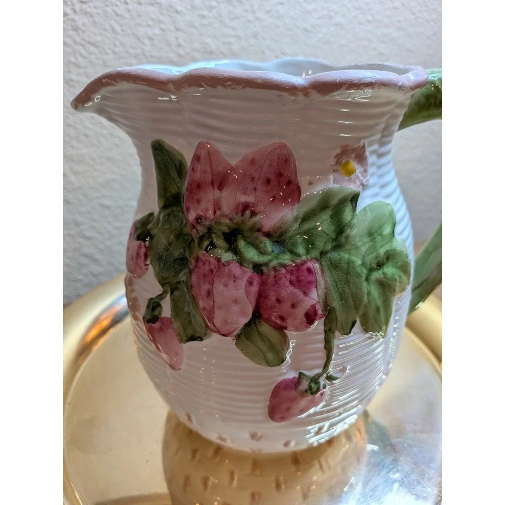 Vintage Italian Majolica Strawberry Pitcher 3D Fruit Relief Made in Italy